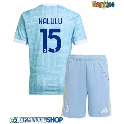 Maglie da calcio Juventus Pierre Kalulu #15 Seconda Maglia Bambino 2025-26 Manica Corta + Pantaloni corti)
